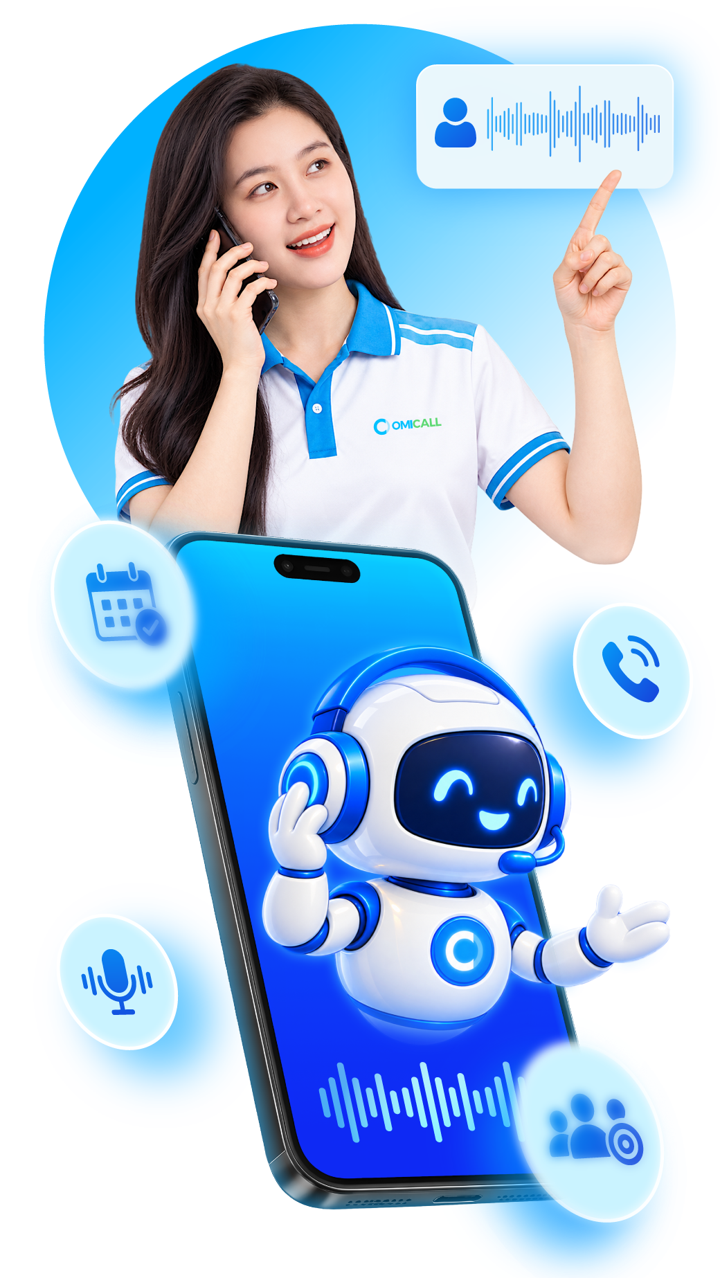 Nhân viên OMICall gọi điện cùng robot AI Callbot trên điện thoại
