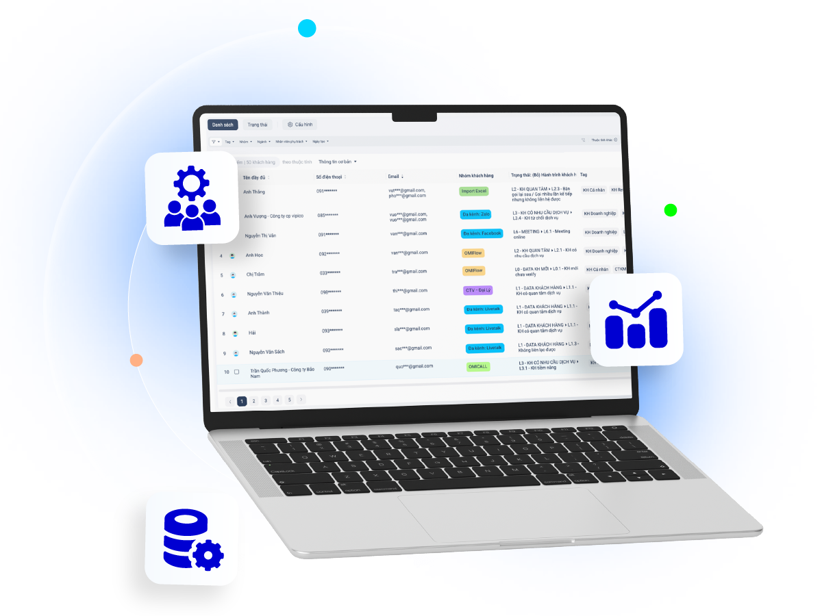 OMICall CRM interface — customer list
