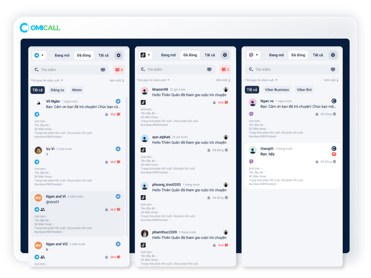 Ba hộp thư cạnh nhau: Telegram, TikTok và Viber trong OMICall