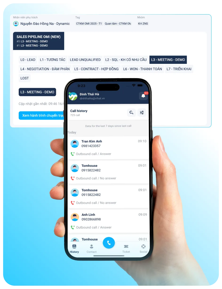 Giao diện gọi OMICall trên điện thoại kèm bảng Sales Pipeline CRM