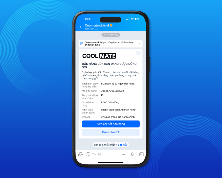 Sample Zalo ZBS rich content message on a phone