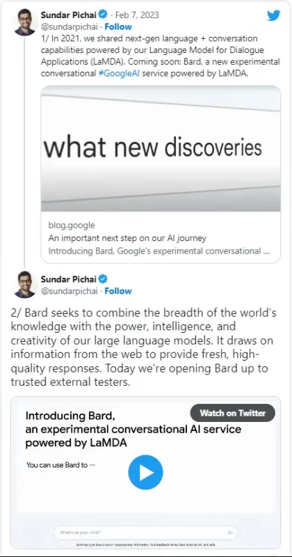 Bài tweet về Google Bard AI của Sundar Pichai