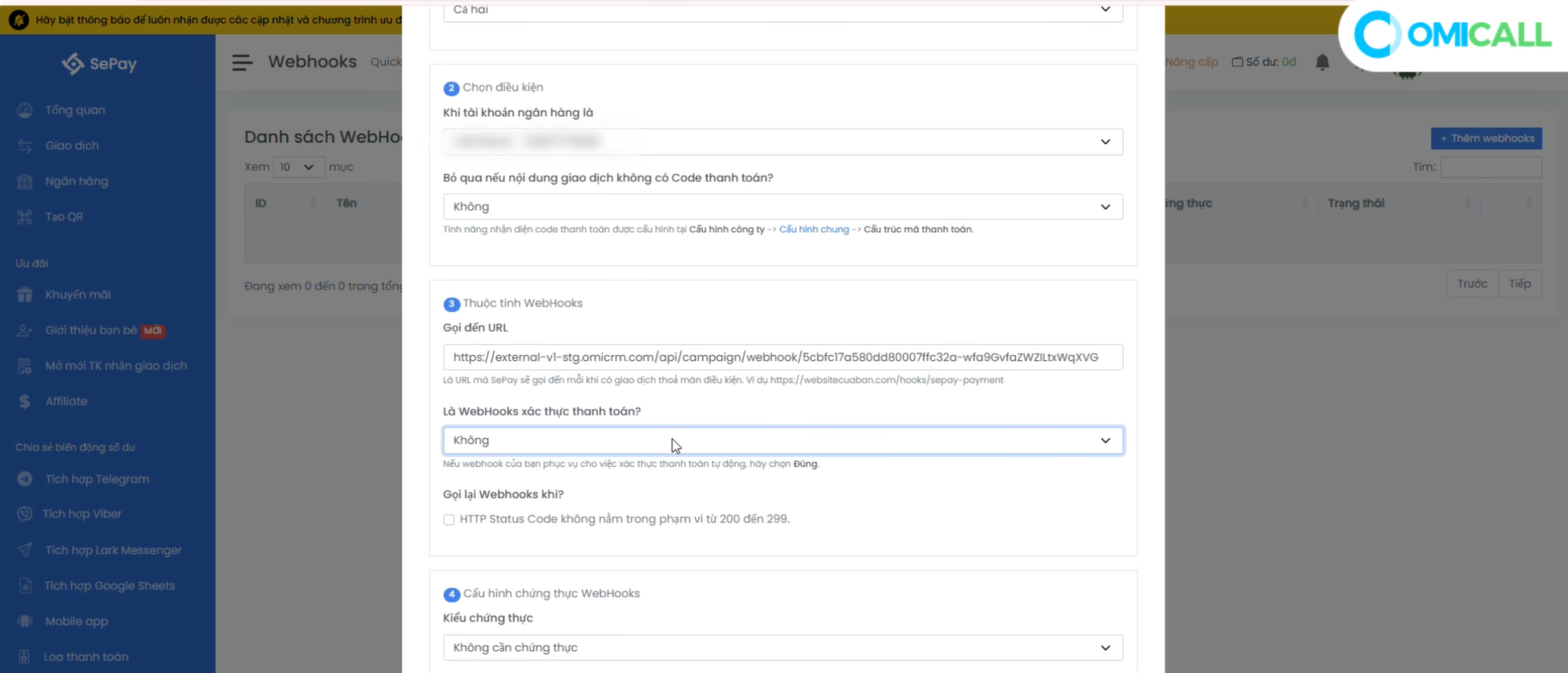 Cấu hình Webhook trên SePay