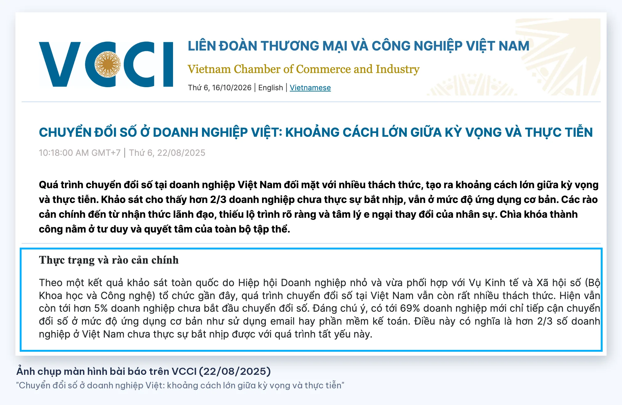 Chuyển đổi số doanh nghiệp vừa và nhỏ – ảnh chụp bài báo VCCI về khoảng cách giữa kỳ vọng và thực tiễn
