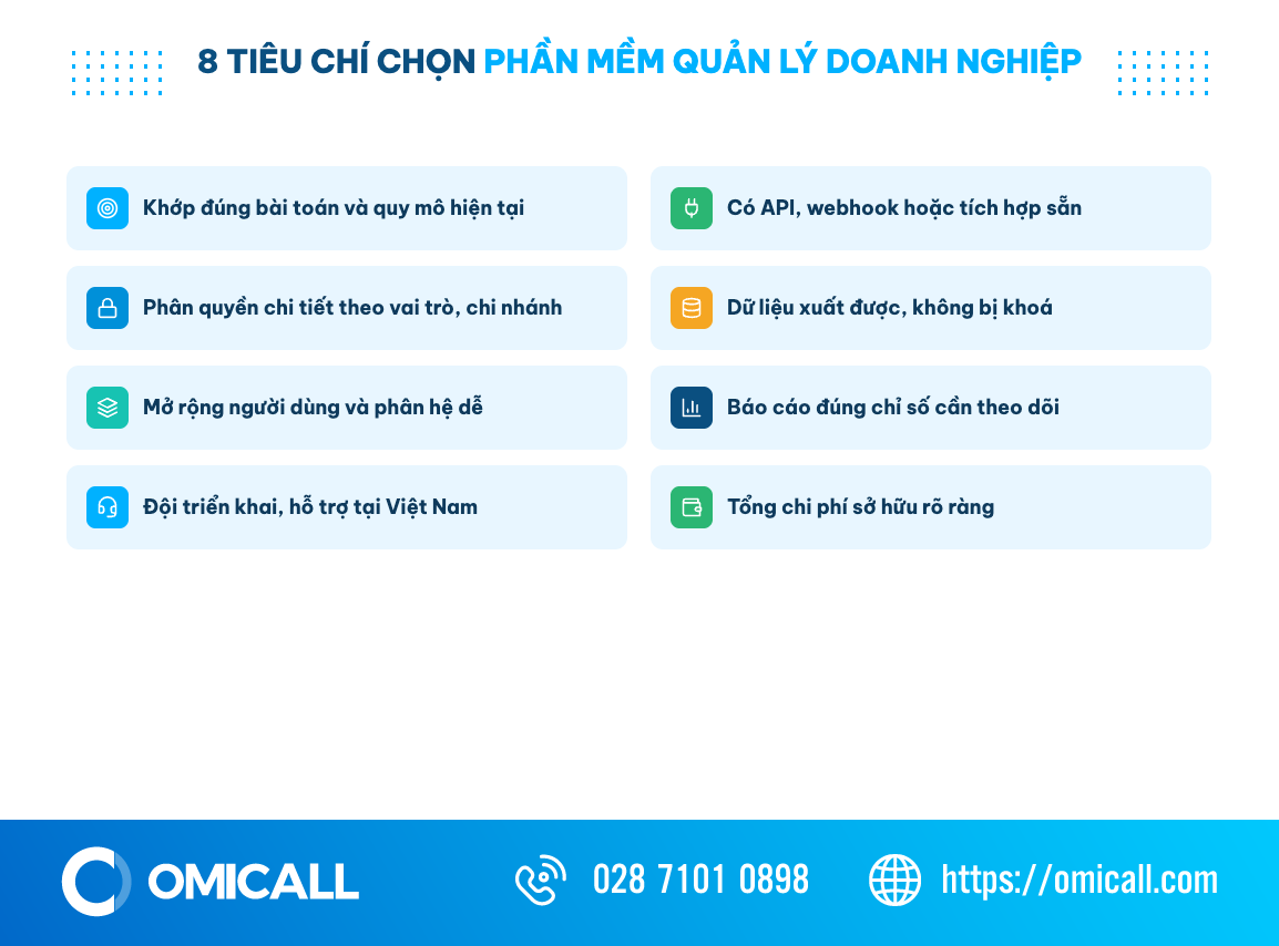 Checklist 8 tiêu chí chọn phần mềm quản lý doanh nghiệp: tích hợp, phân quyền, dữ liệu, mở rộng, chi phí