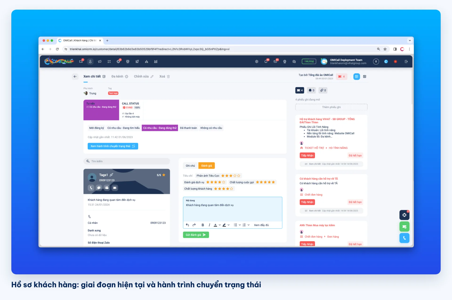 Hồ sơ khách hàng trên CRM OMICall với giai đoạn sales pipeline và hành trình chuyển trạng thái