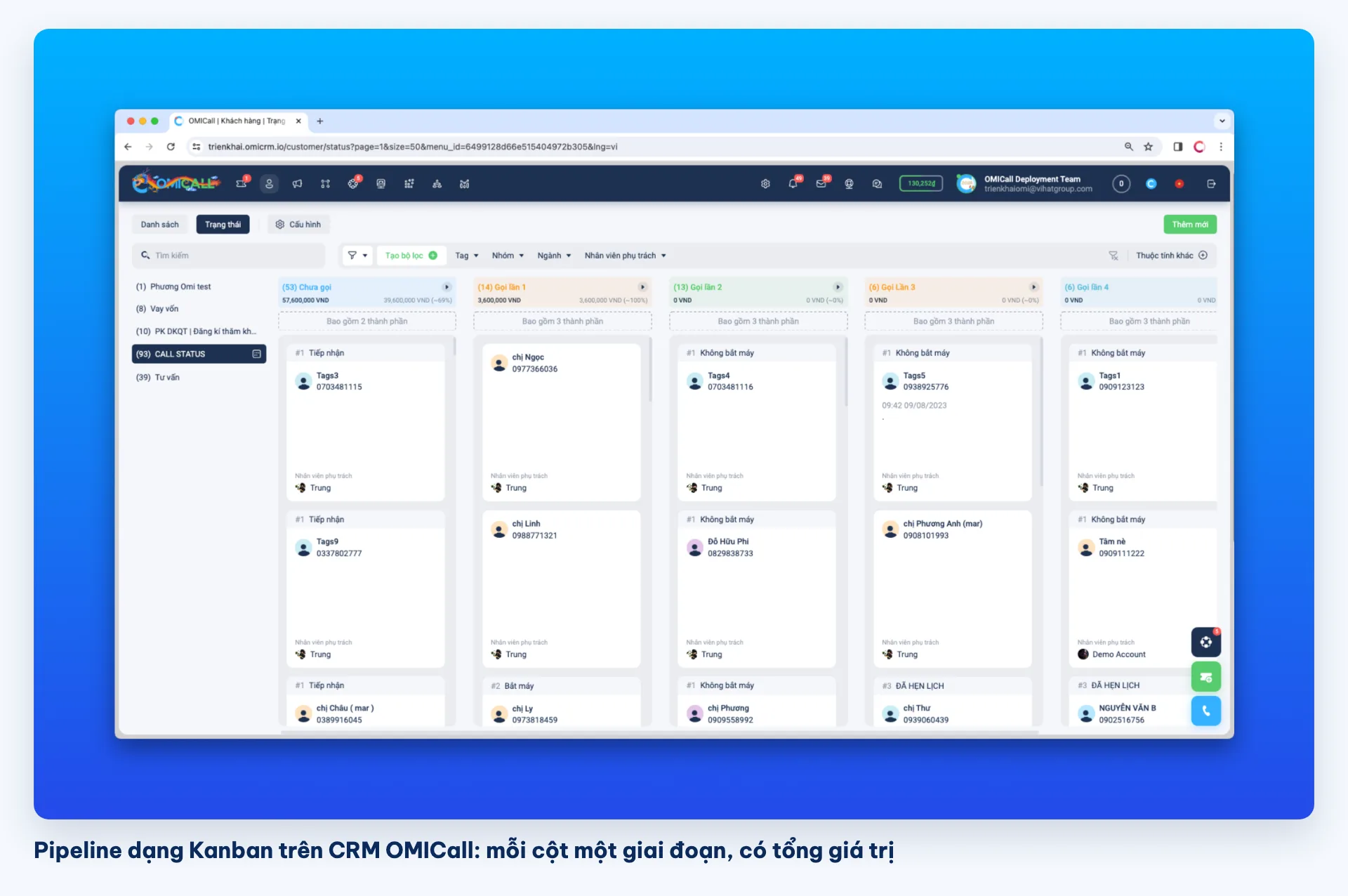 Sales pipeline dạng Kanban trên CRM OMICall, mỗi cột một giai đoạn
