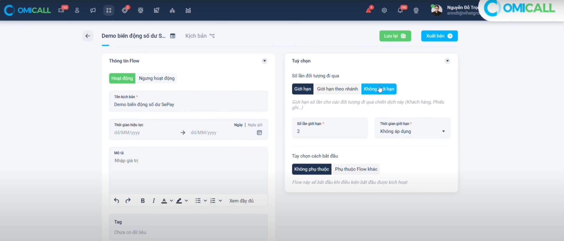 Hướng dẫn tạo OMIFlow để nhận Webhook