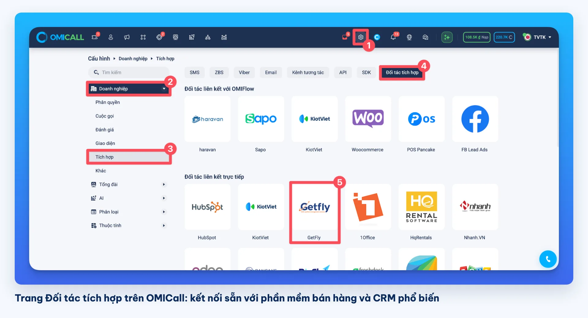 Trang Đối tác tích hợp trên OMICall với Haravan, Sapo, KiotViet, HubSpot, Getfly