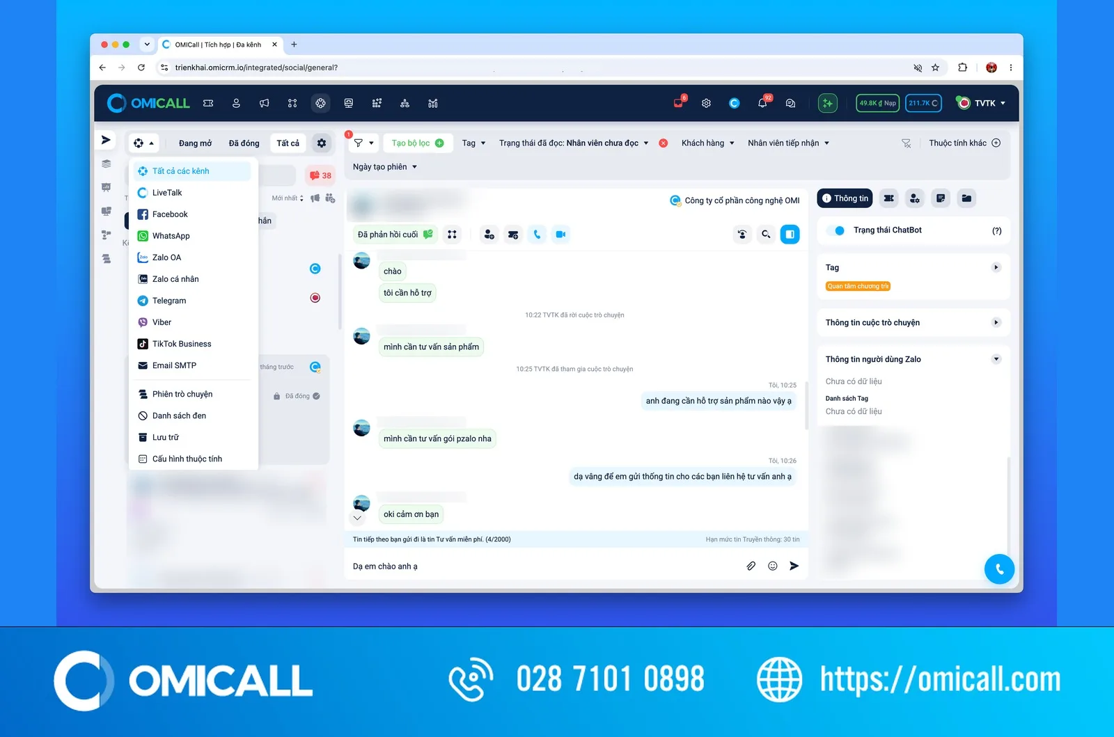 Giao diện thật: màn hình Đa kênh OMICall gom LiveTalk, Facebook, Zalo OA, WhatsApp, Email về một nơi (đã che thông tin khách) – tổng đài bệnh viện