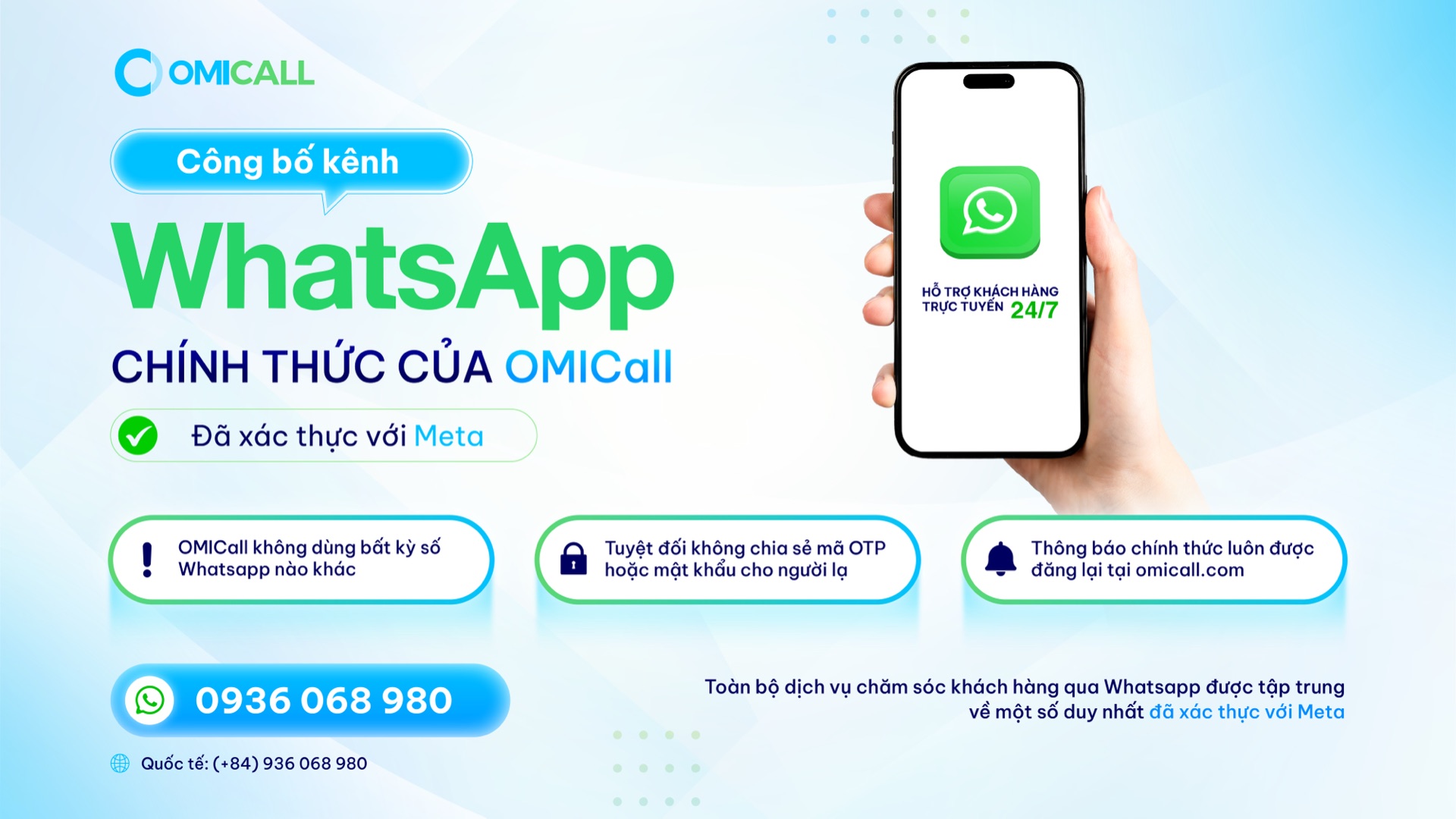 WhatsApp OMICall - kênh hỗ trợ khách hàng chính thức đã xác thực với Meta, số 0936 068 980